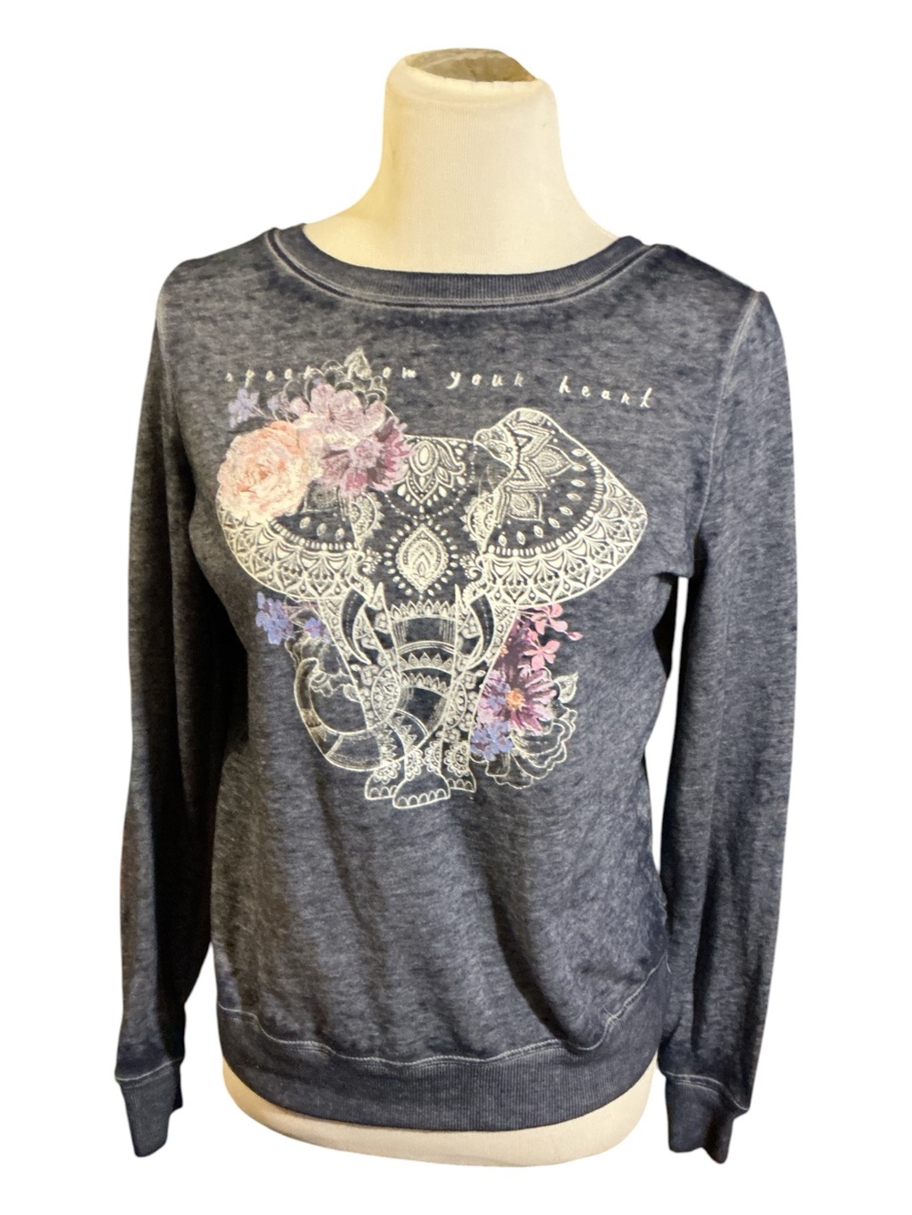 Fifth Sun Charcoal Crewneck Sweatshirt with Floral Elephant Graphic